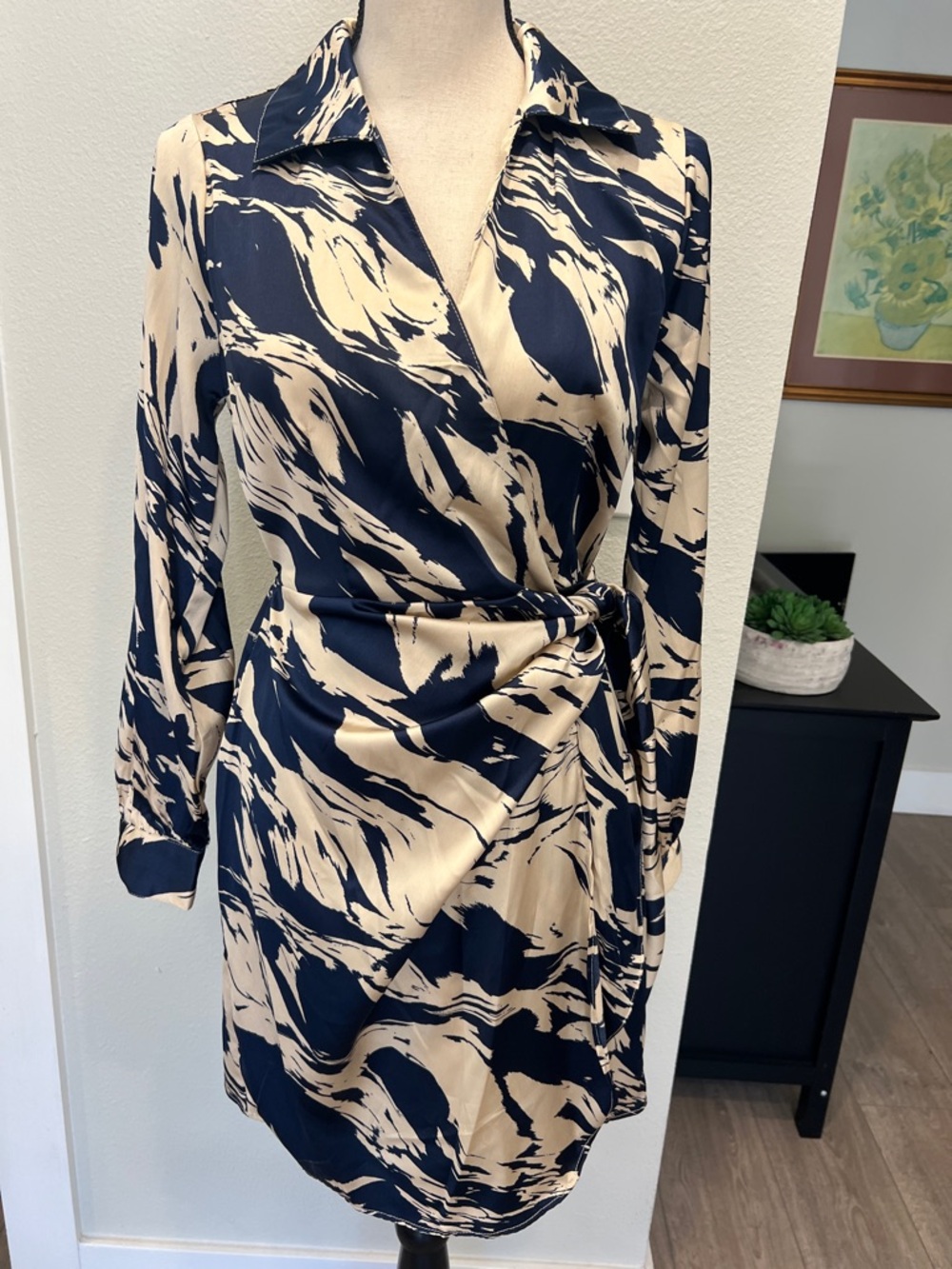 Sincerely Jules Abstract Print Wrap Dress in Navy and Cream